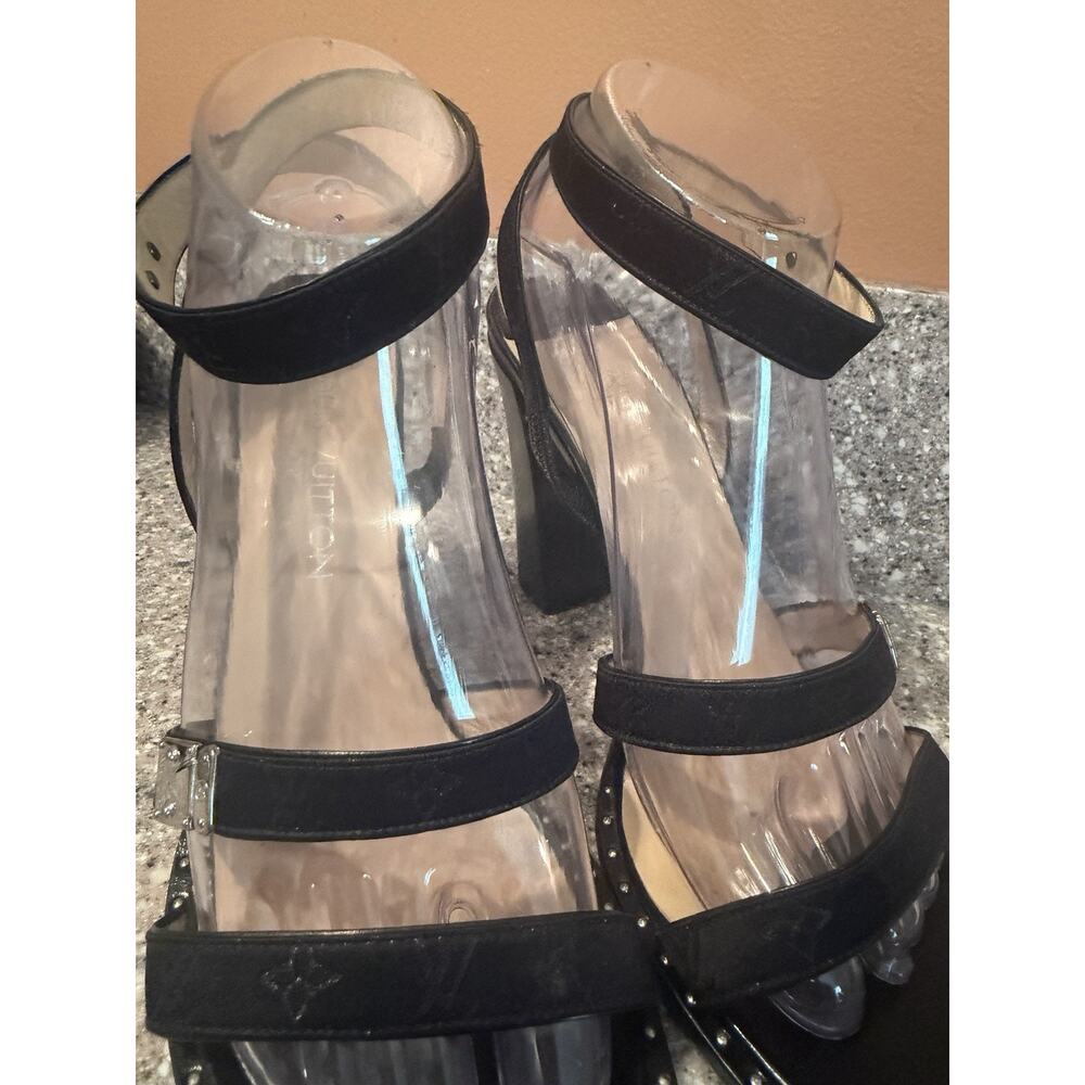 Louis Vuitton Strappy Monogram Satin Sparkle Leather Block Heel Sandals EU 39.5 - Picture 8 of 16